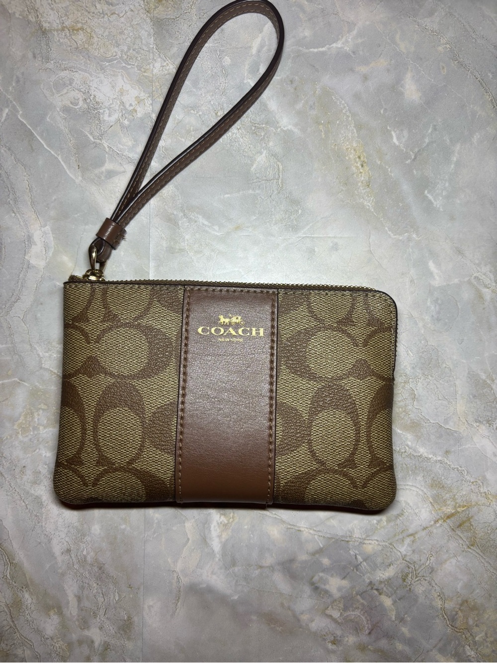 COACH Brown Signature Canvas Wristlet with Leather Trim